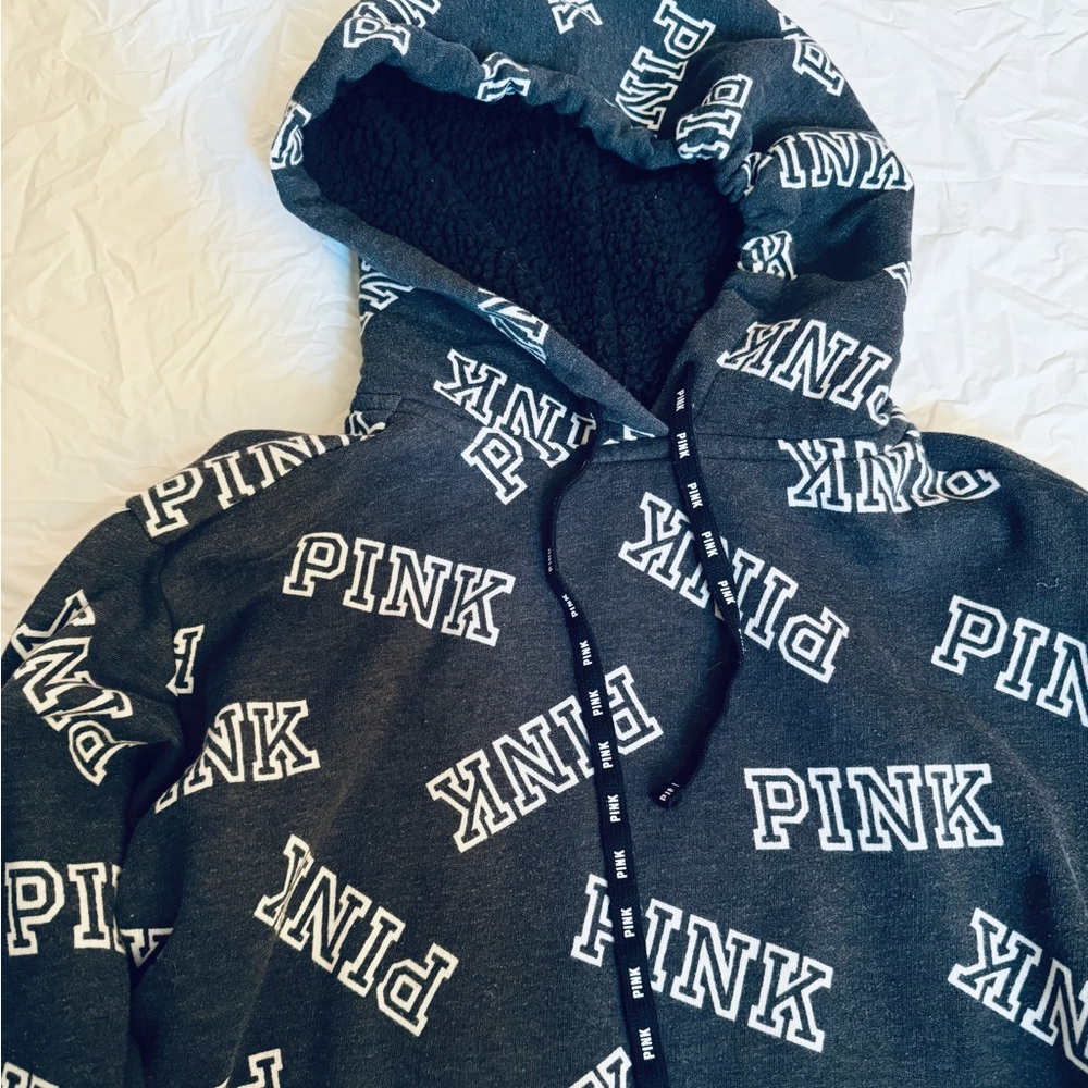 PINK logo gray sherpa fur hoodie